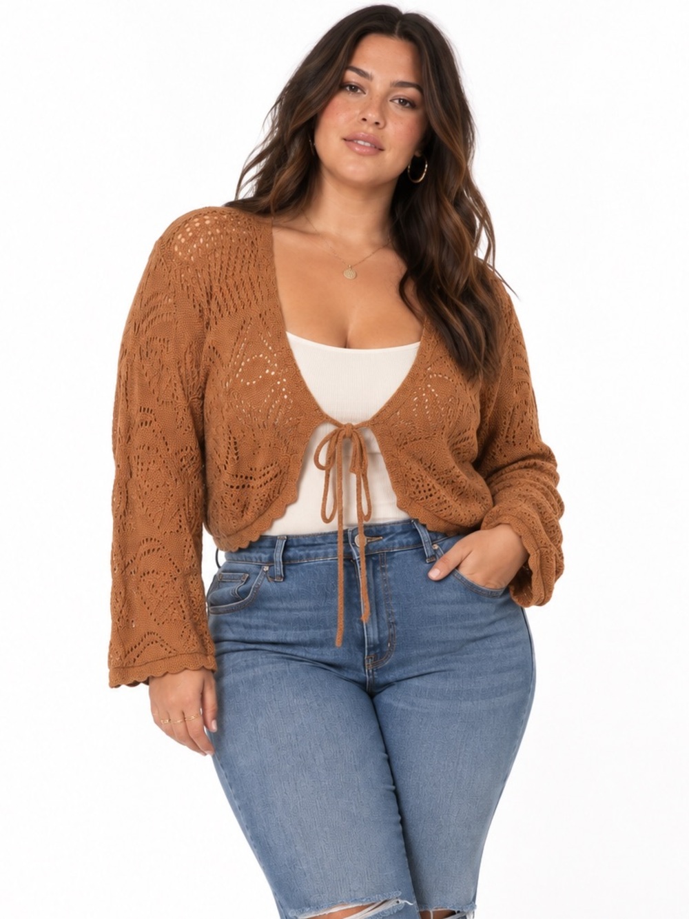 NWT Torrid Pointelle Crochet Tie Front Shrug Sweater - Tobacco Brown